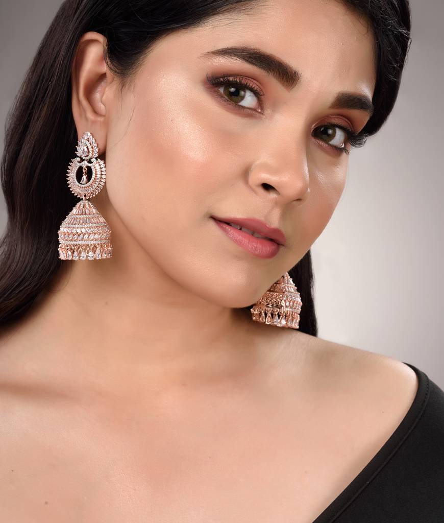 Rose Gold Plated White Ad Studded Lightweight Jhumka Earrings : SJER1460