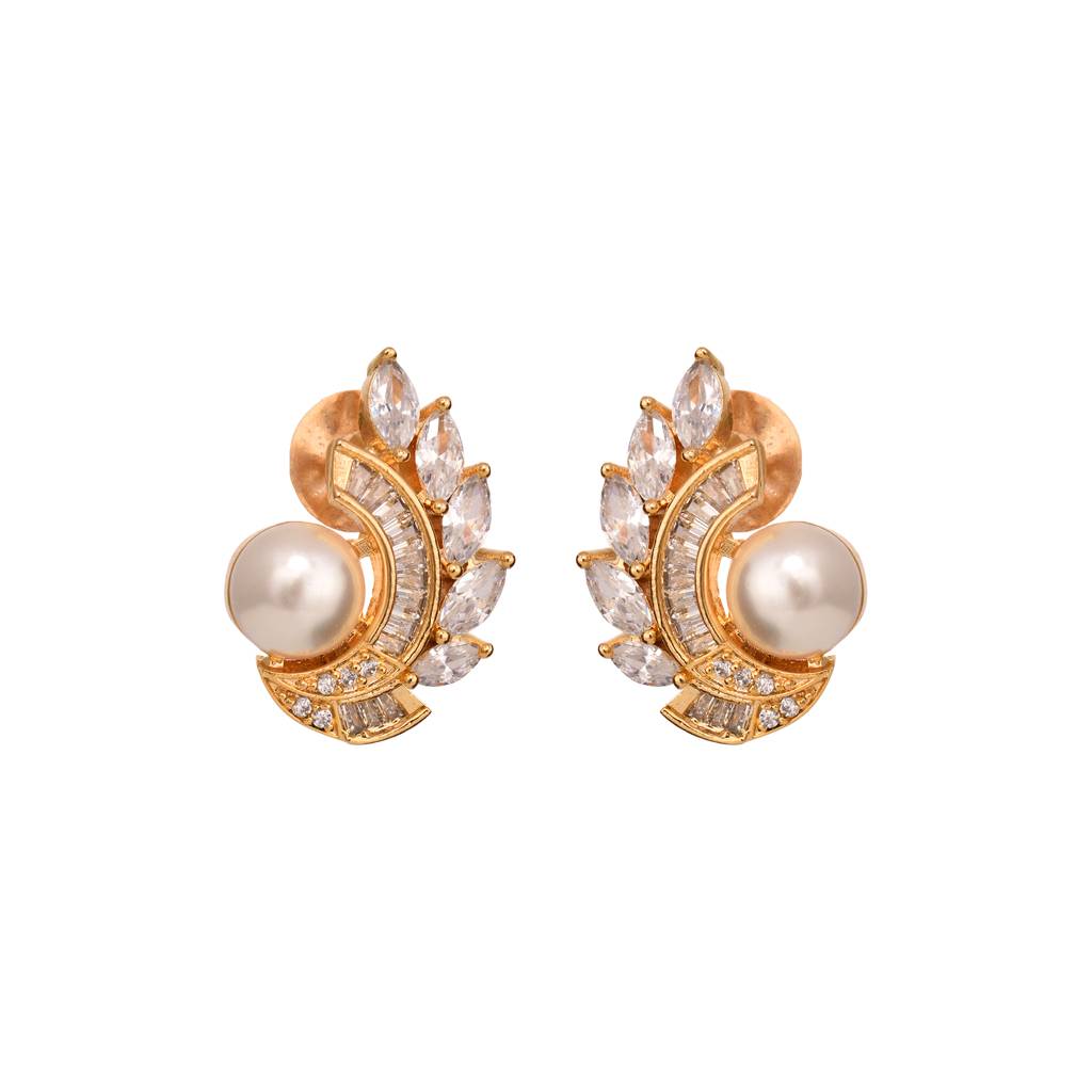 Gold Plated White Ad & Pearl Studded Studs Earrings : SJER1461