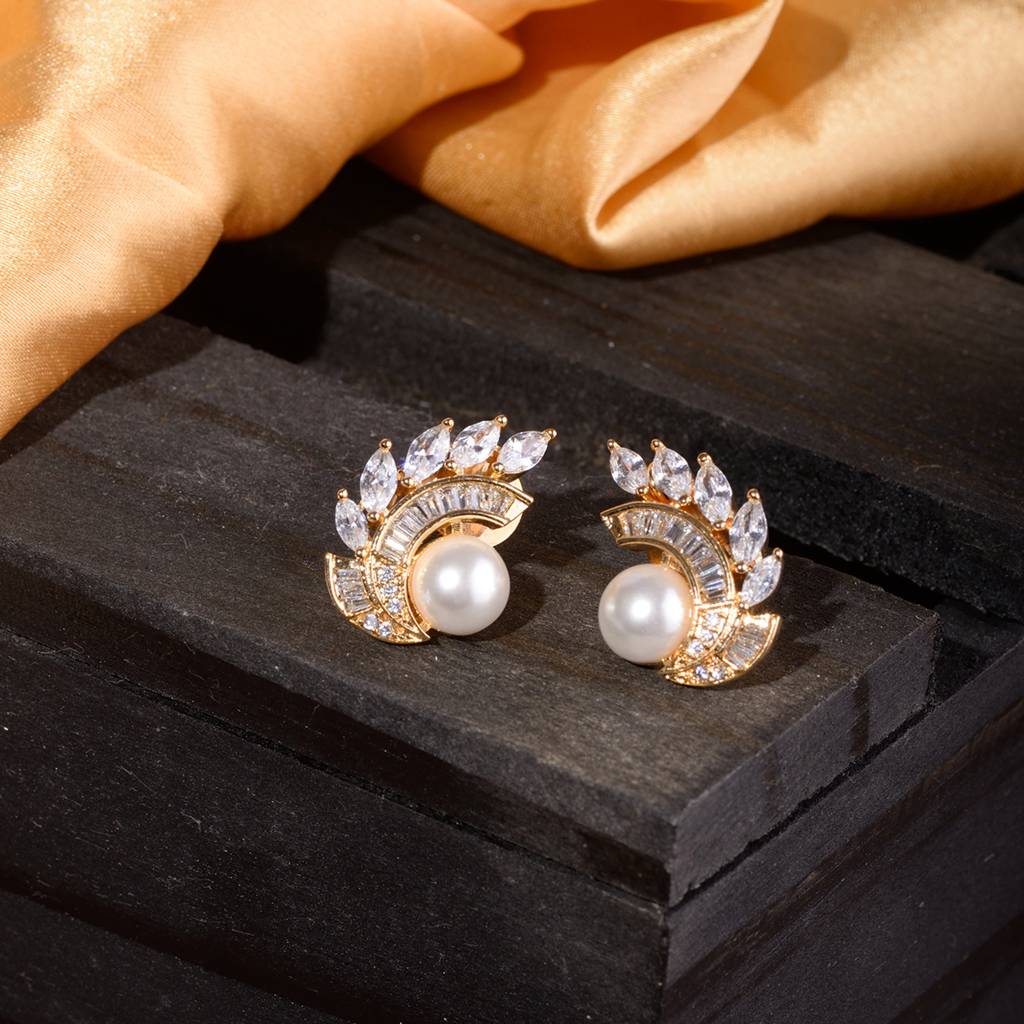 Gold Plated White Ad & Pearl Studded Studs Earrings : SJER1461