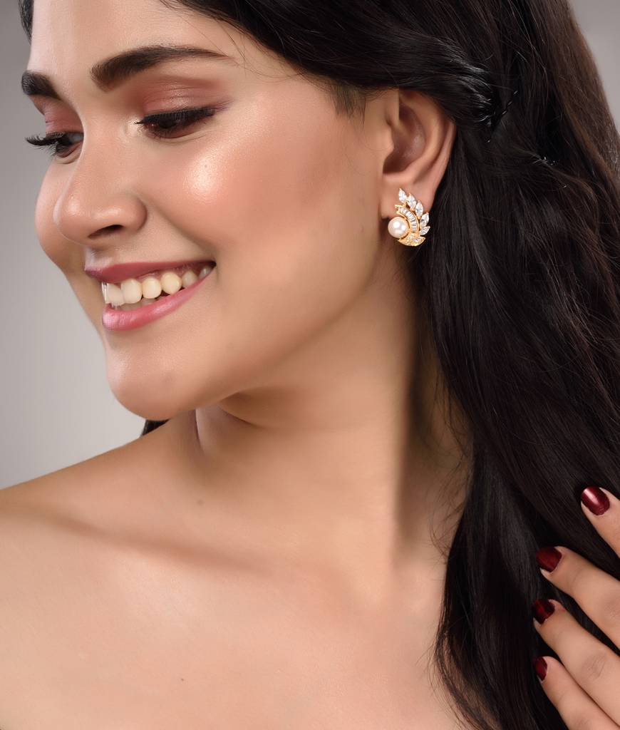 Gold Plated White Ad & Pearl Studded Studs Earrings : SJER1461