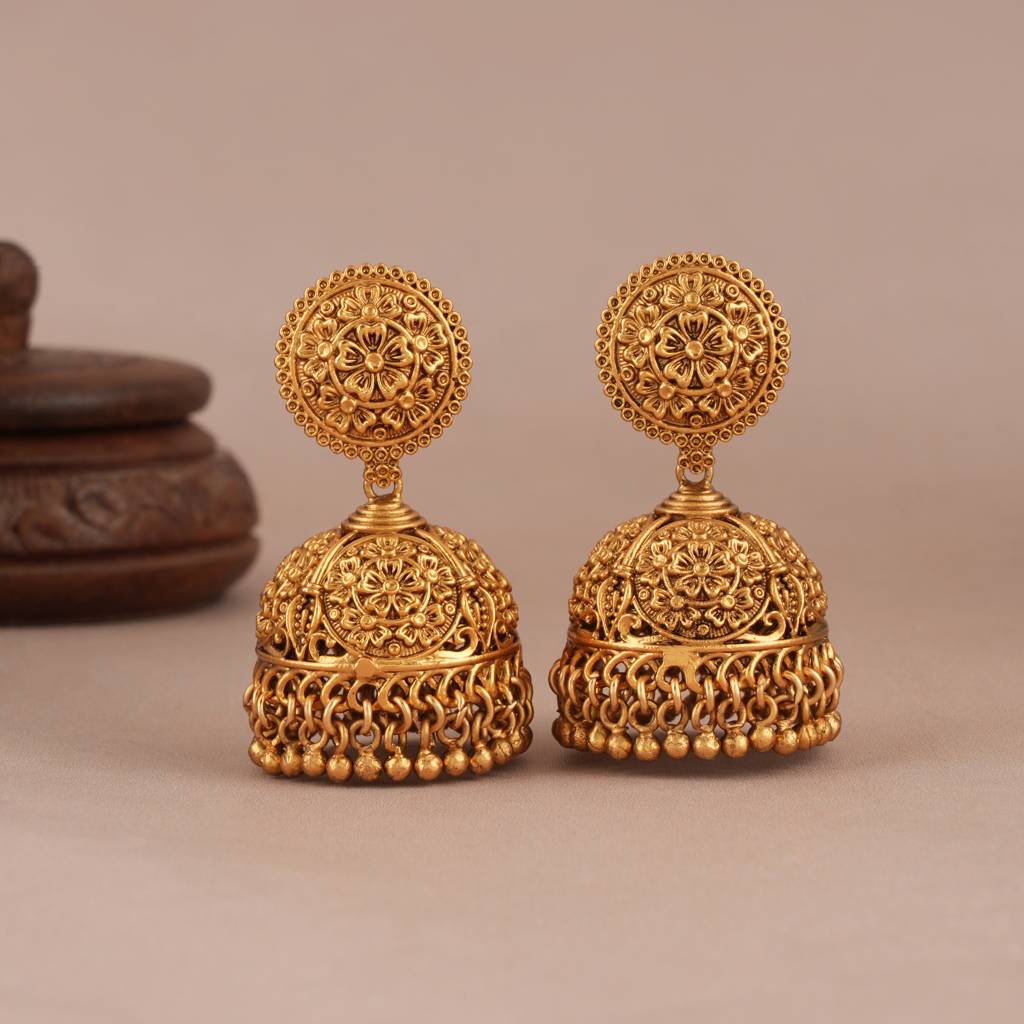 Royal Antique Gold Plain Carving Jhumka Earring : SJ107