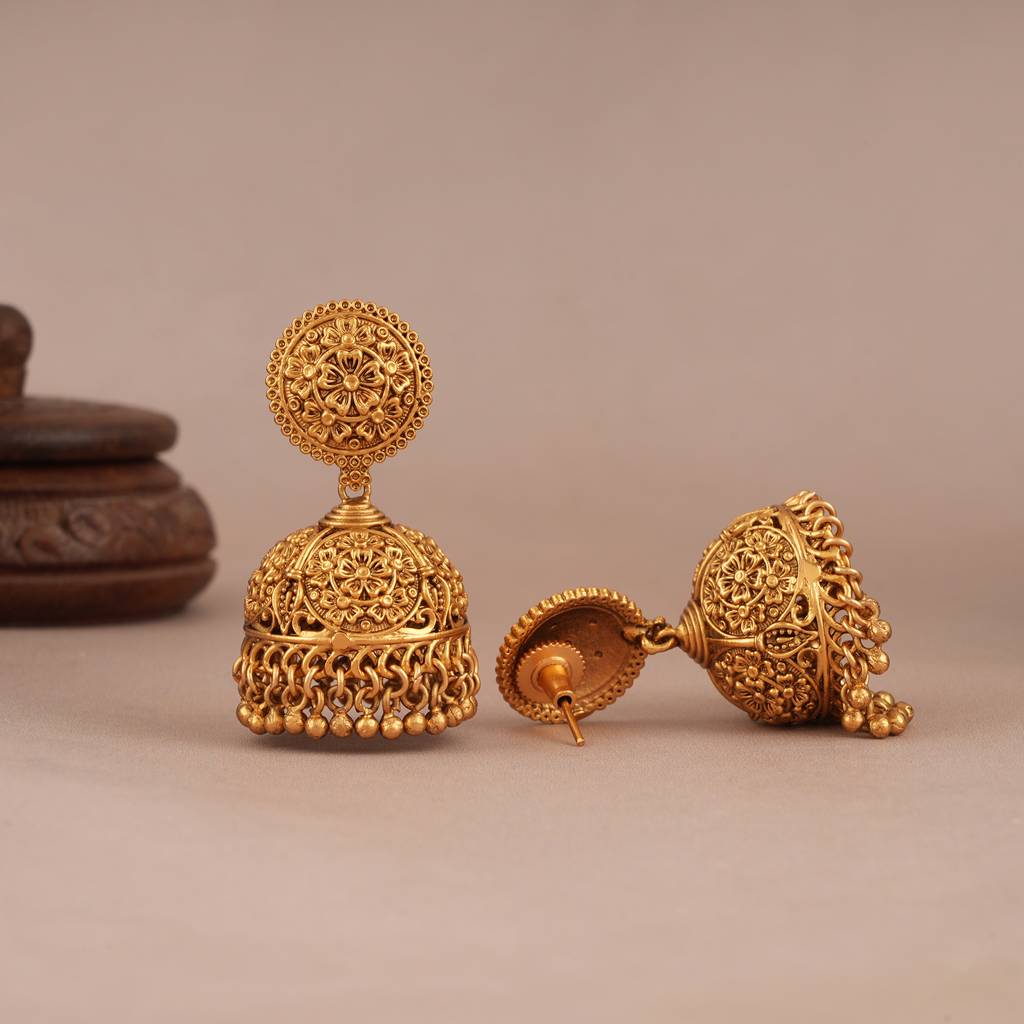 Royal Antique Gold Plain Carving Jhumka Earring : SJ107