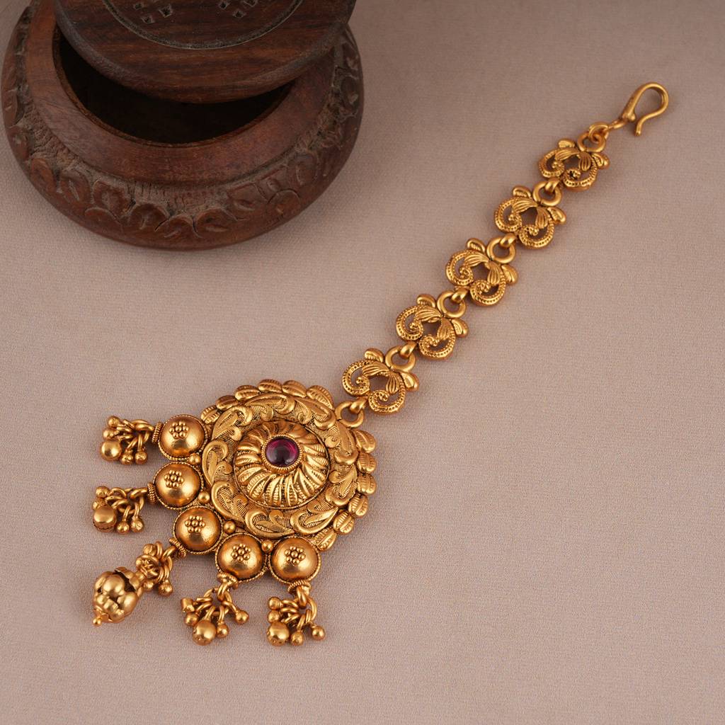 Stunning Antique Gold Ruby Stone Maangtika : SJ168