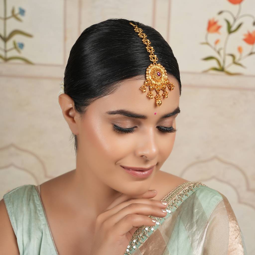 Stunning Antique Gold Ruby Stone Maangtika : SJ168