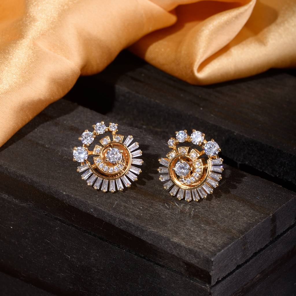 Gold Plated White Ad Studded Circular Studs Earrings : SJER1464