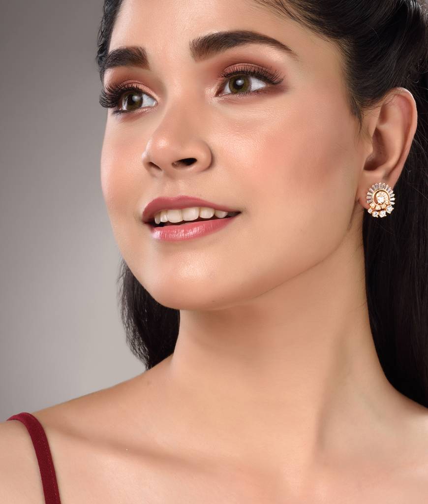 Gold Plated White Ad Studded Circular Studs Earrings : SJER1464