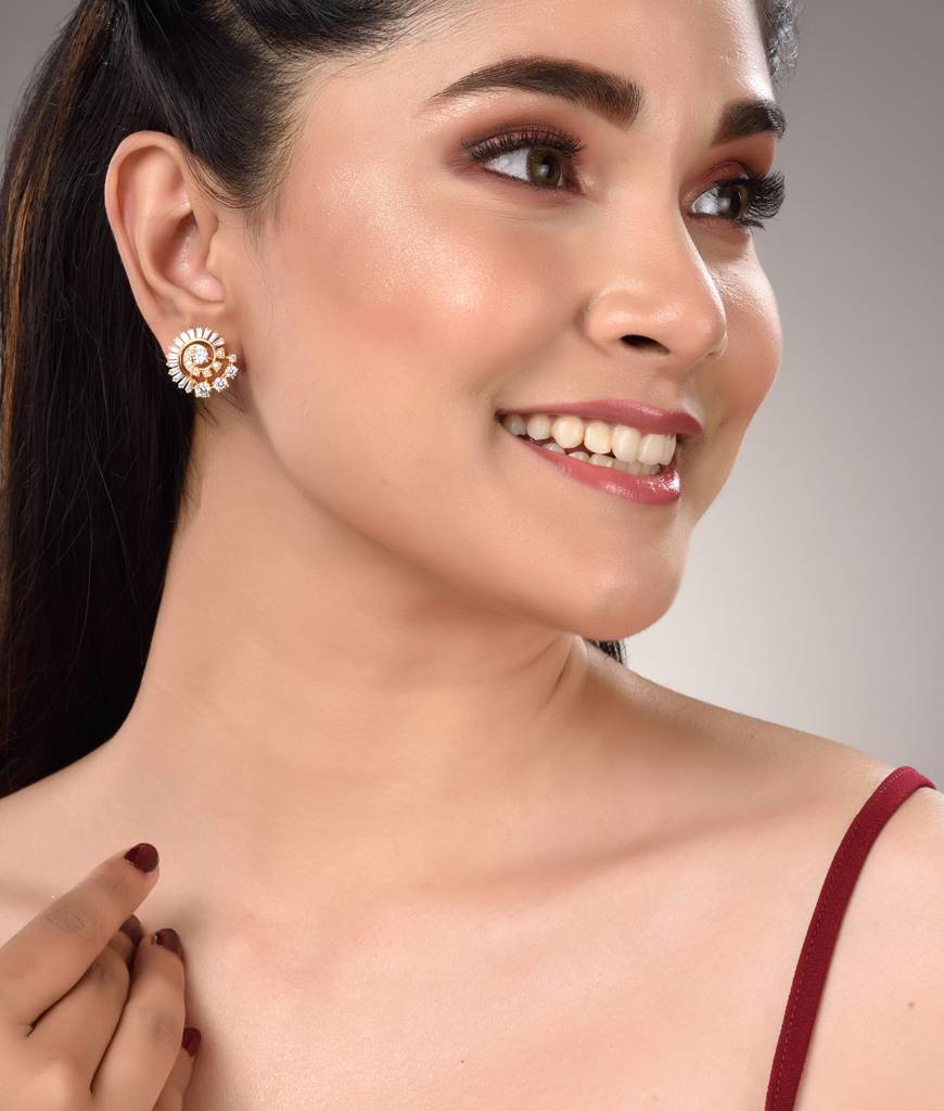 Gold Plated White Ad Studded Circular Studs Earrings : SJER1464