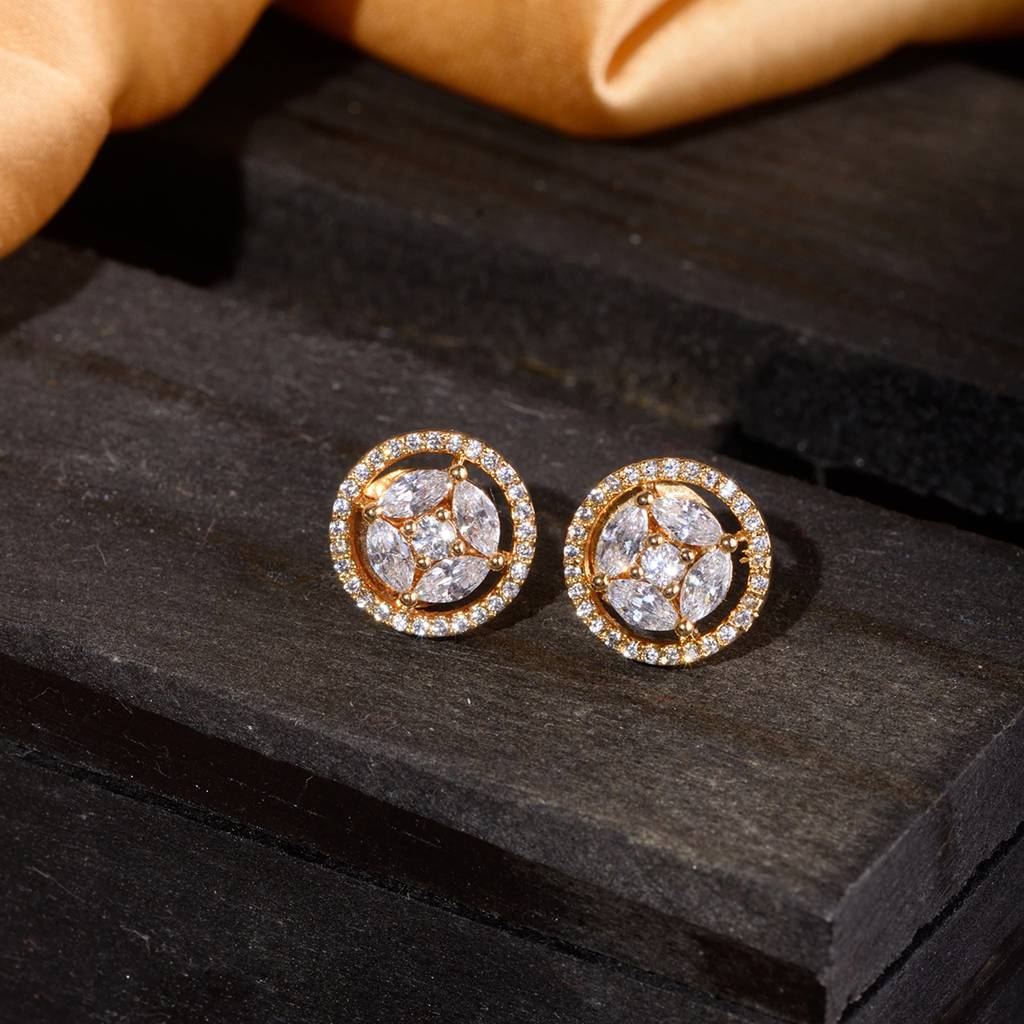 Gold Plated White Ad Studded Circular Studs Earring : SJER1469