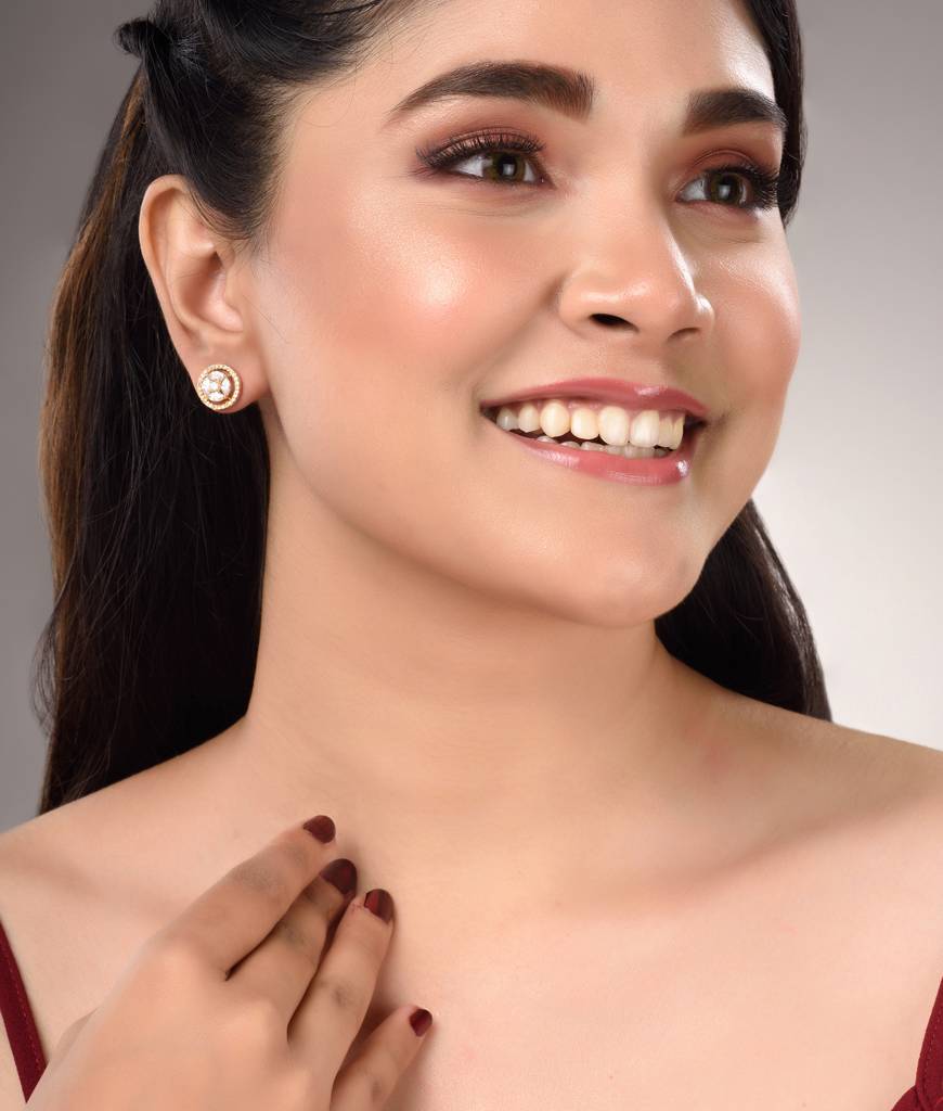 Gold Plated White Ad Studded Circular Studs Earring : SJER1469
