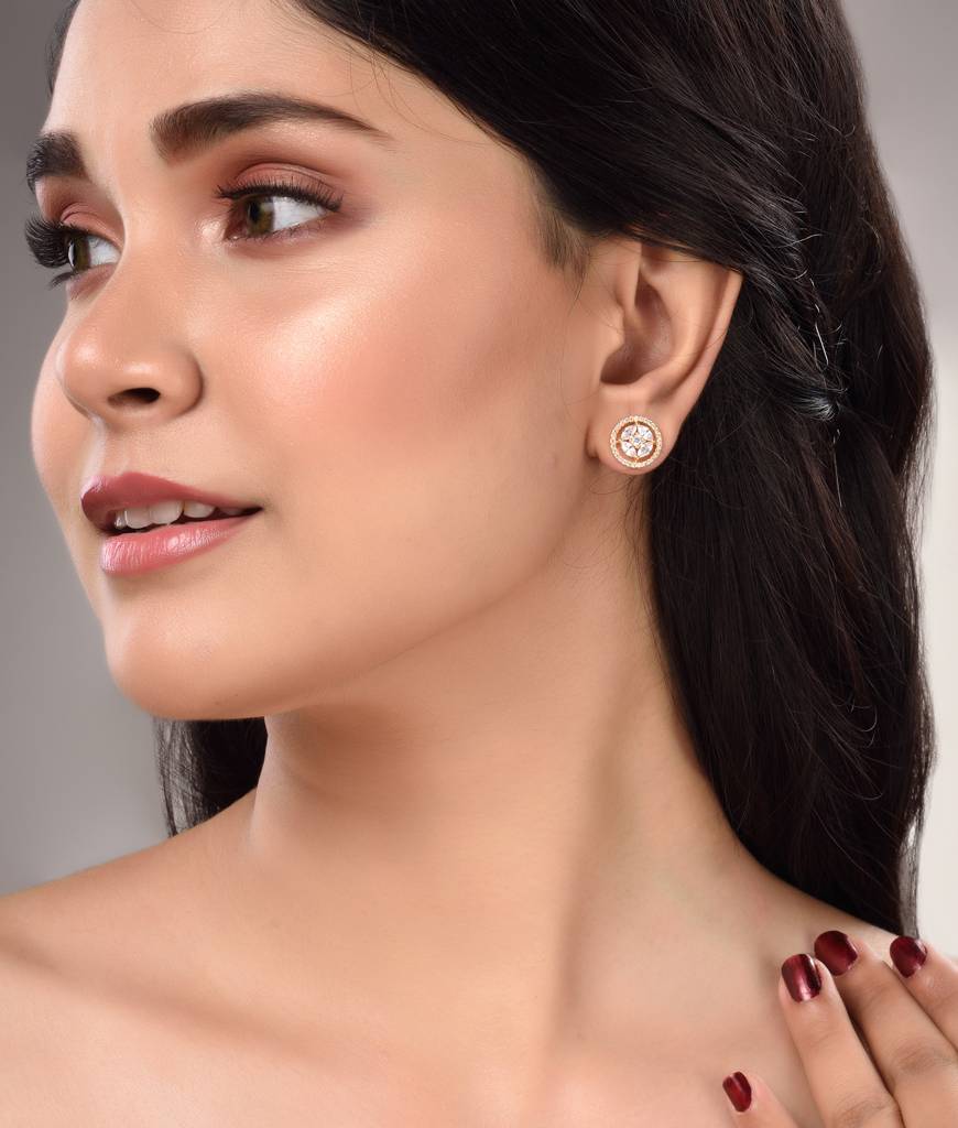 Gold Plated White Ad Studded Circular Studs Earring : SJER1469