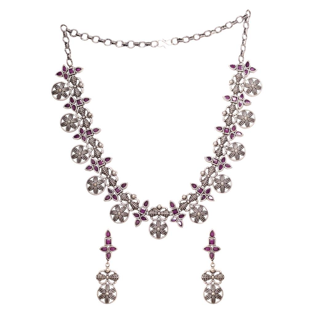 Silver Oxidised Maroon Stone Studded Tribal Necklace Jewellery  Set : SJNK1470