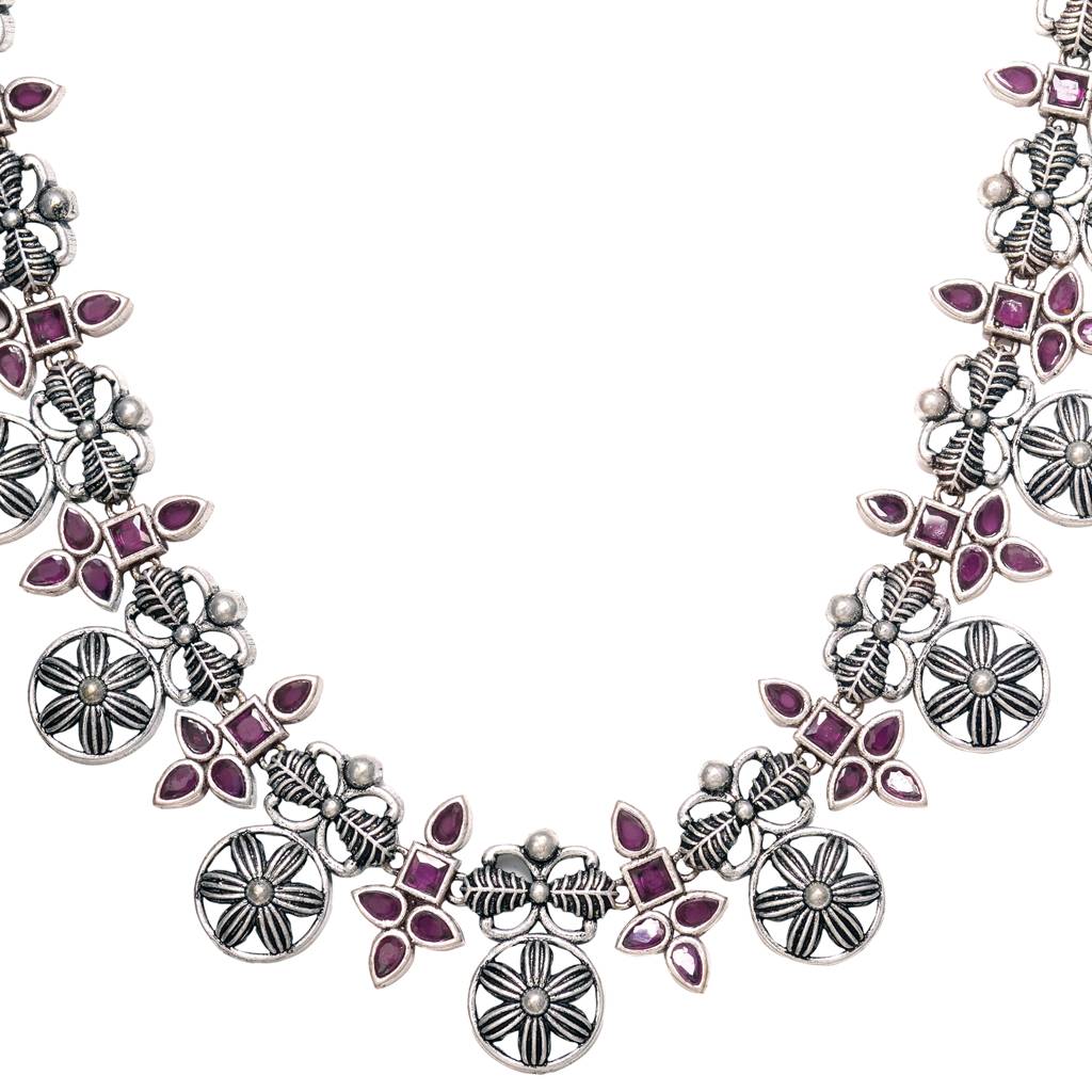 Silver Oxidised Maroon Stone Studded Tribal Necklace Jewellery  Set : SJNK1470