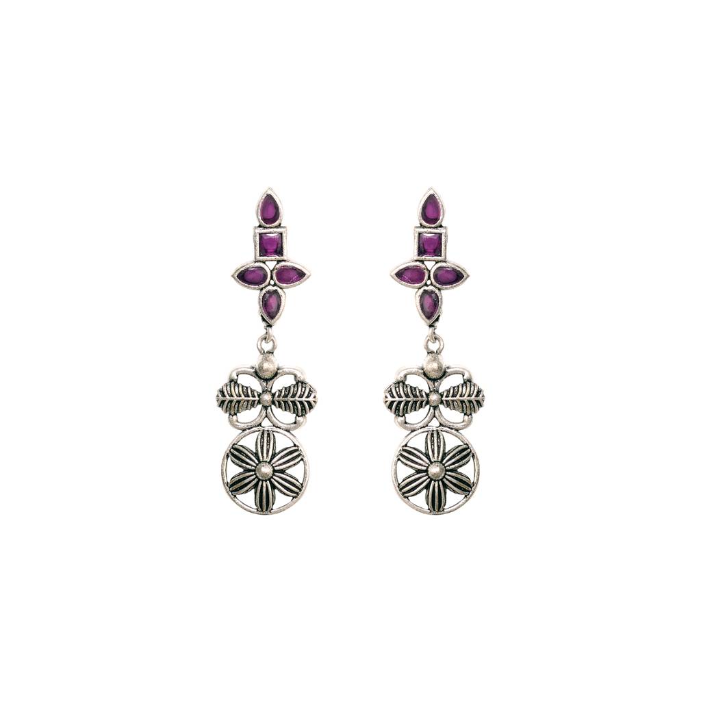 Silver Oxidised Maroon Stone Studded Tribal Necklace Jewellery  Set : SJNK1470