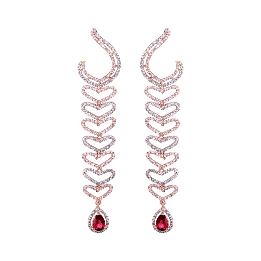 Rose Gold Plated Red Ad Studded Heart Shaped Long Dangler Earrings : SJER1477