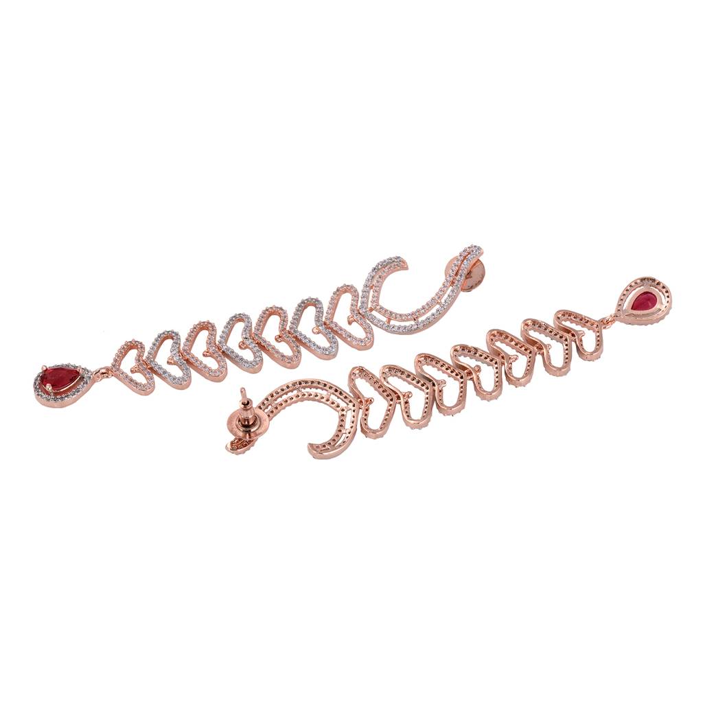 Rose Gold Plated Red Ad Studded Heart Shaped Long Dangler Earrings : SJER1477