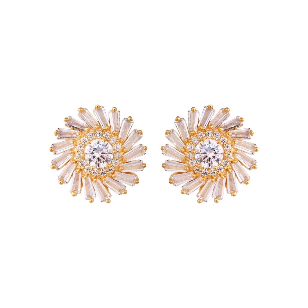 Gold Toned White Ad Studded Sun Stud Earrings : SJER1478