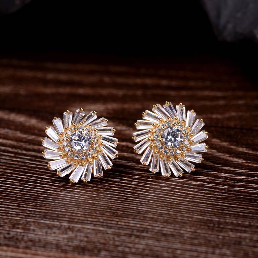 Gold Toned White Ad Studded Sun Stud Earrings : SJER1478