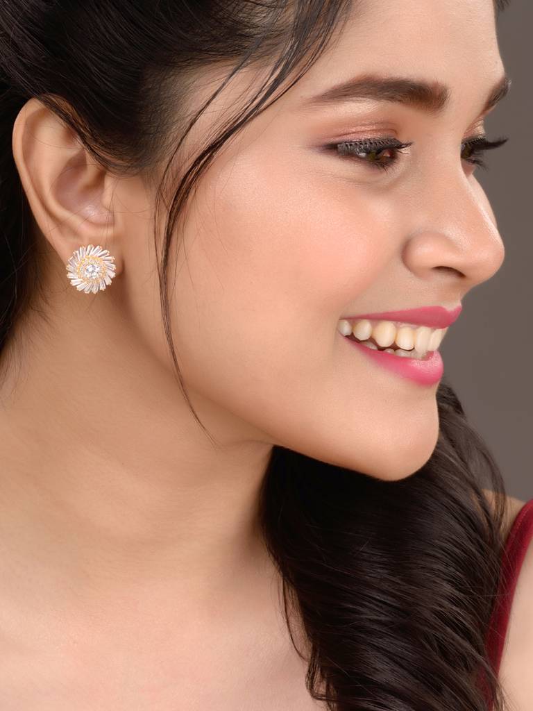 Gold Toned White Ad Studded Sun Stud Earrings : SJER1478