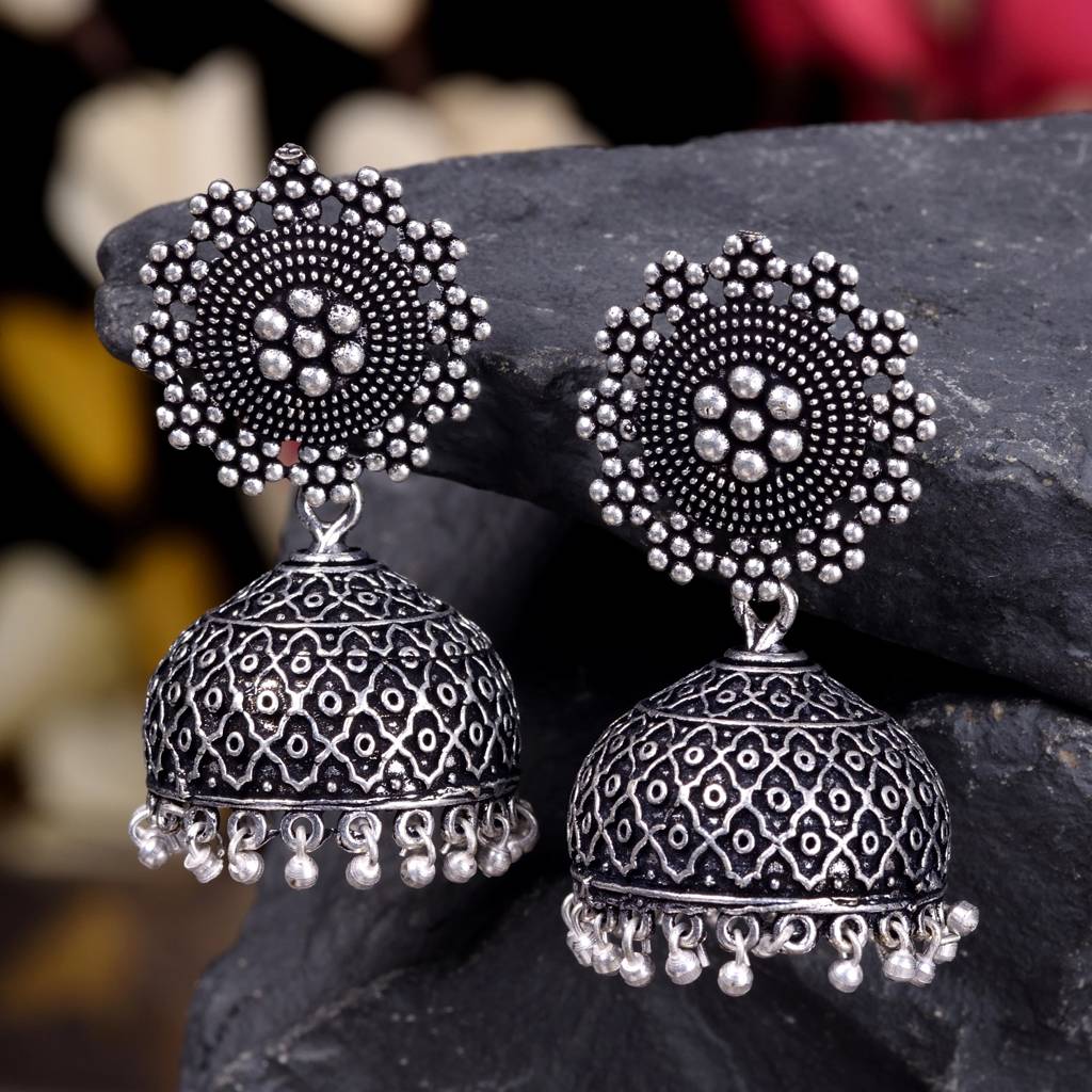Silver Oxidised Filigree Dome Shaped Jhumka Earrings : SJER1480