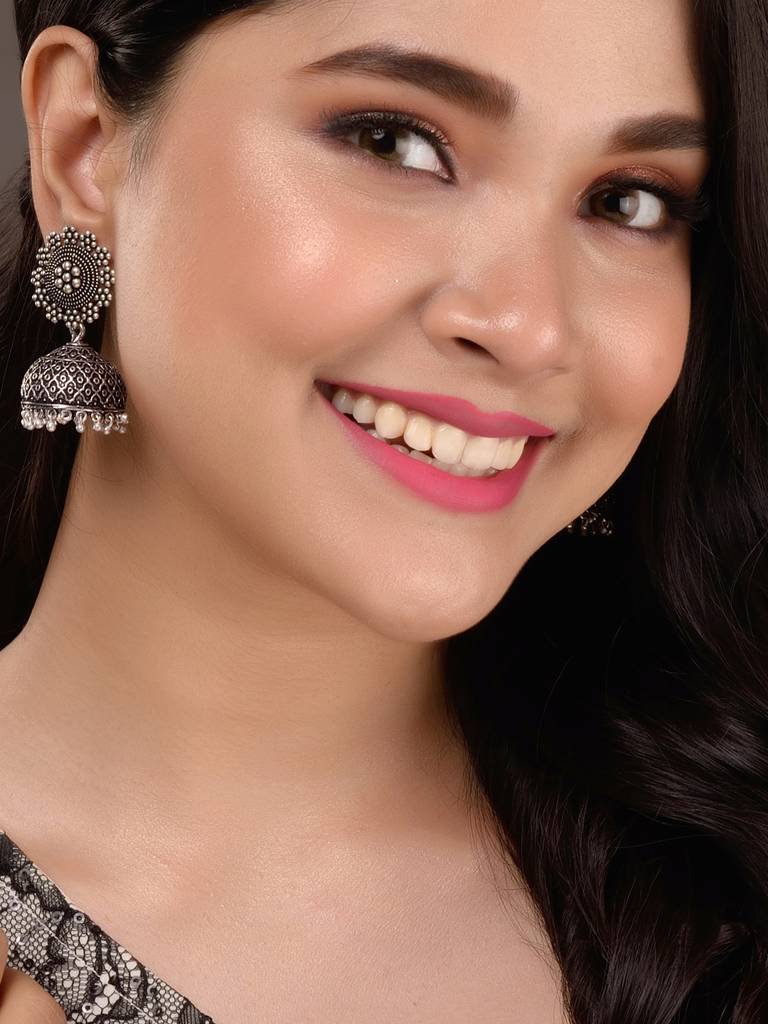 Silver Oxidised Filigree Dome Shaped Jhumka Earrings : SJER1480