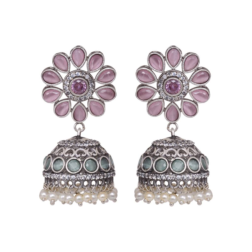 Oxidised Siver Pink Stone Studded Dome Jhumka Earrings : SJER1481