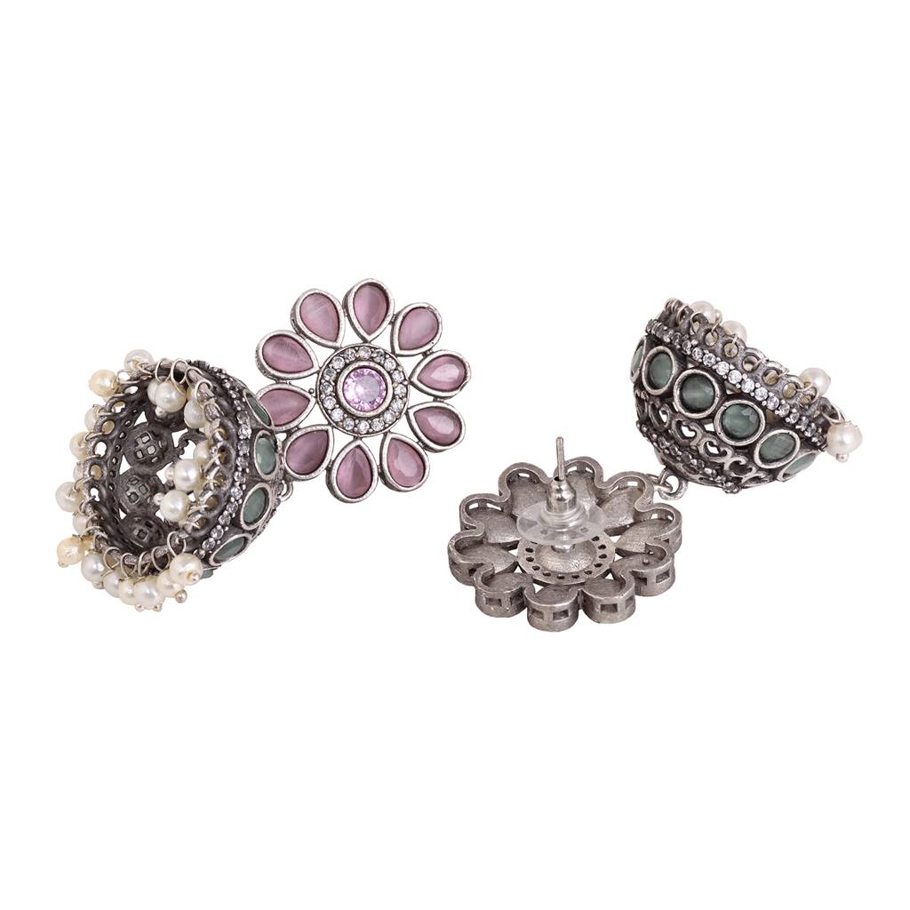 Oxidised Siver Pink Stone Studded Dome Jhumka Earrings : SJER1481