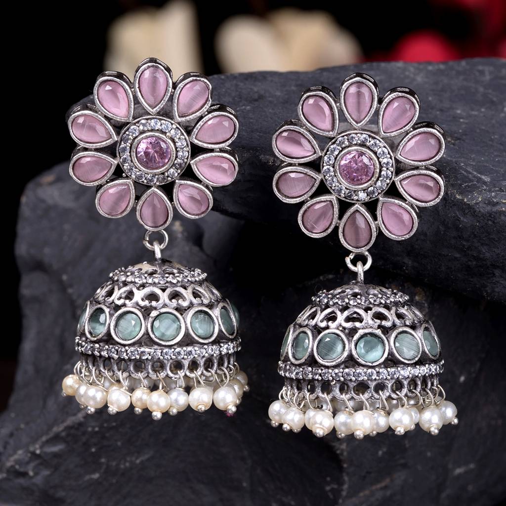 Oxidised Siver Pink Stone Studded Dome Jhumka Earrings : SJER1481