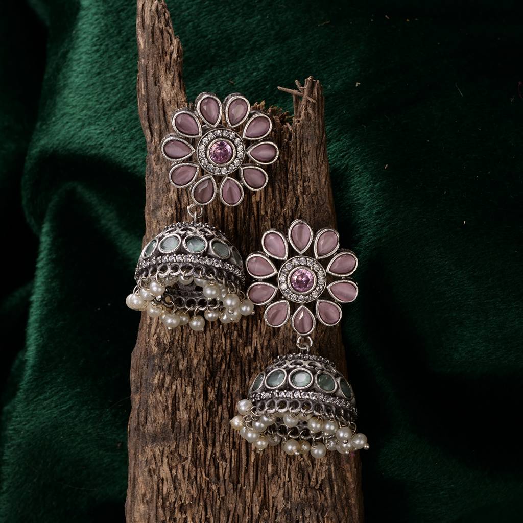 Oxidised Siver Pink Stone Studded Dome Jhumka Earrings : SJER1481
