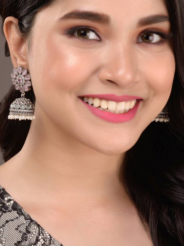 Oxidised Siver Pink Stone Studded Dome Jhumka Earrings : SJER1481