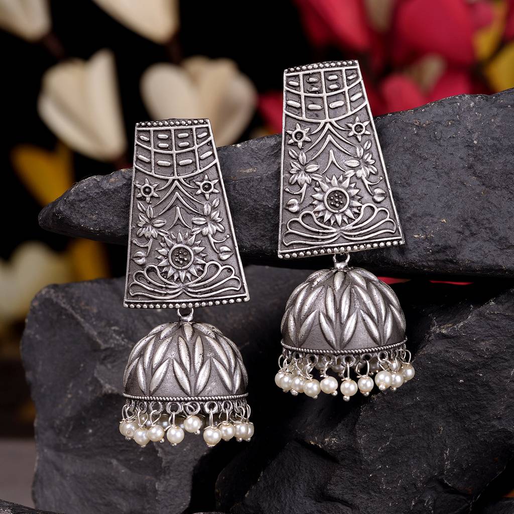 Oxidised Siver Handcrafted Filigree Dome Jhumka Earrings : SJER1482