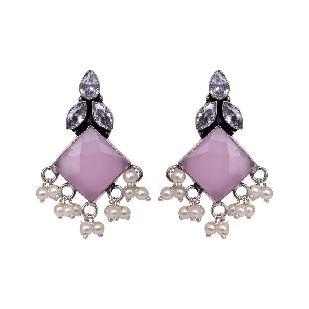 Silver Plated Pink Stone & Pearl Beaded Earrings : SJER1484