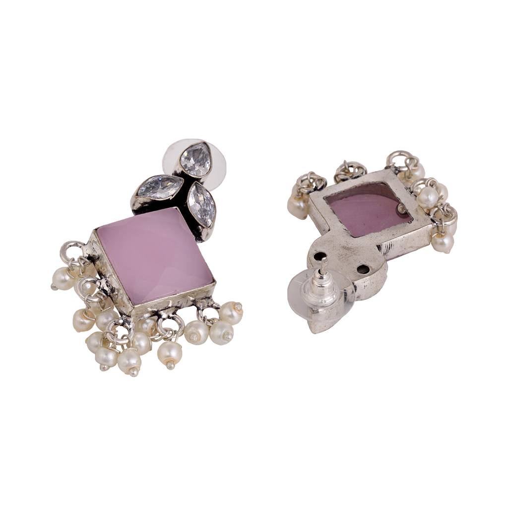 Silver Plated Pink Stone & Pearl Beaded Earrings : SJER1484