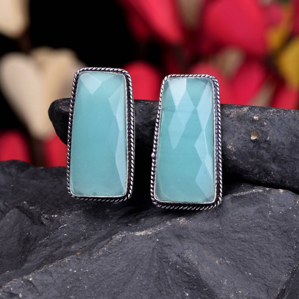 Silver Plated Aqua Turquoise Stone Studs Earrings : SJER1485