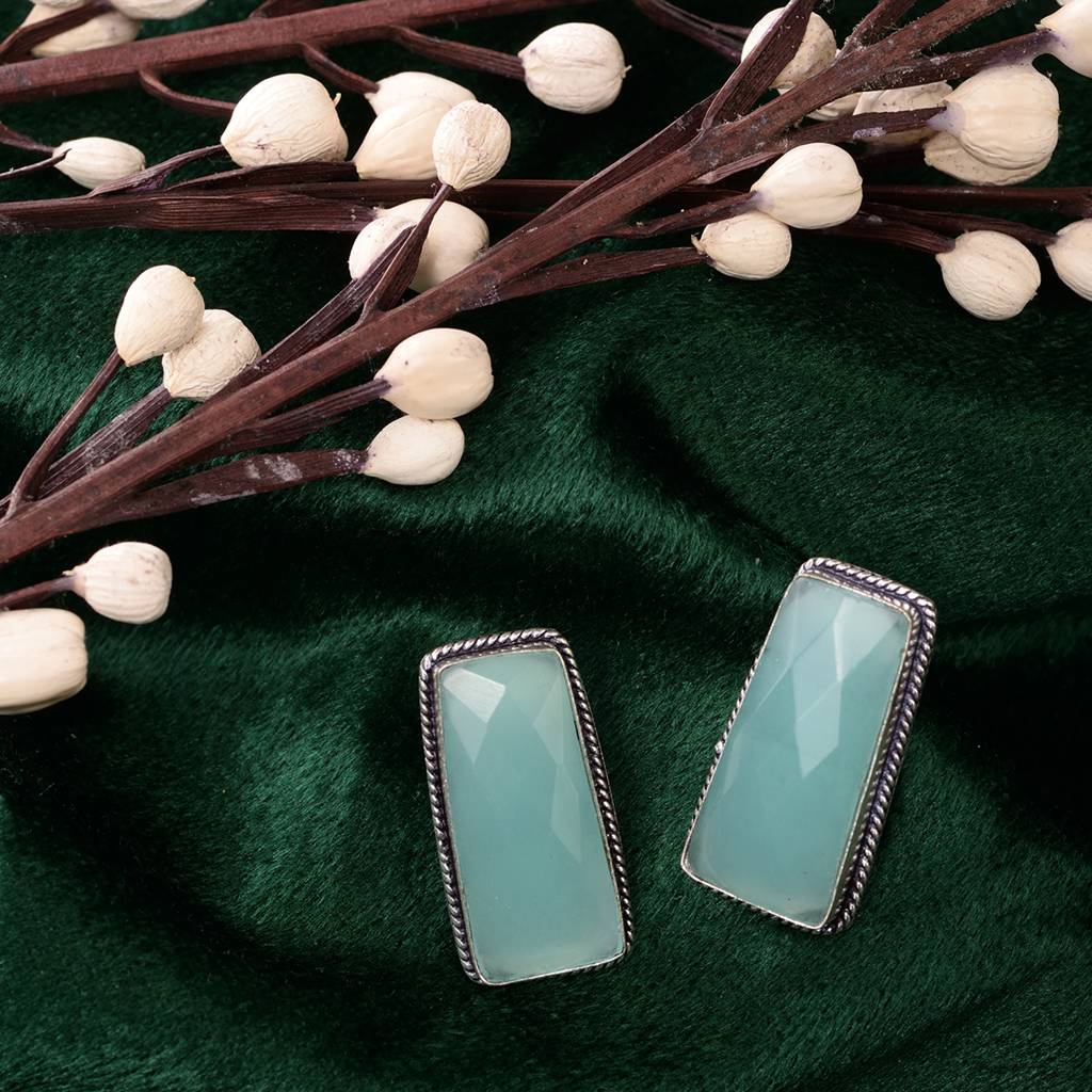 Silver Plated Aqua Turquoise Stone Studs Earrings : SJER1485