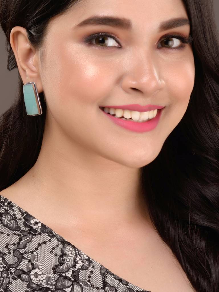 Silver Plated Aqua Turquoise Stone Studs Earrings : SJER1485