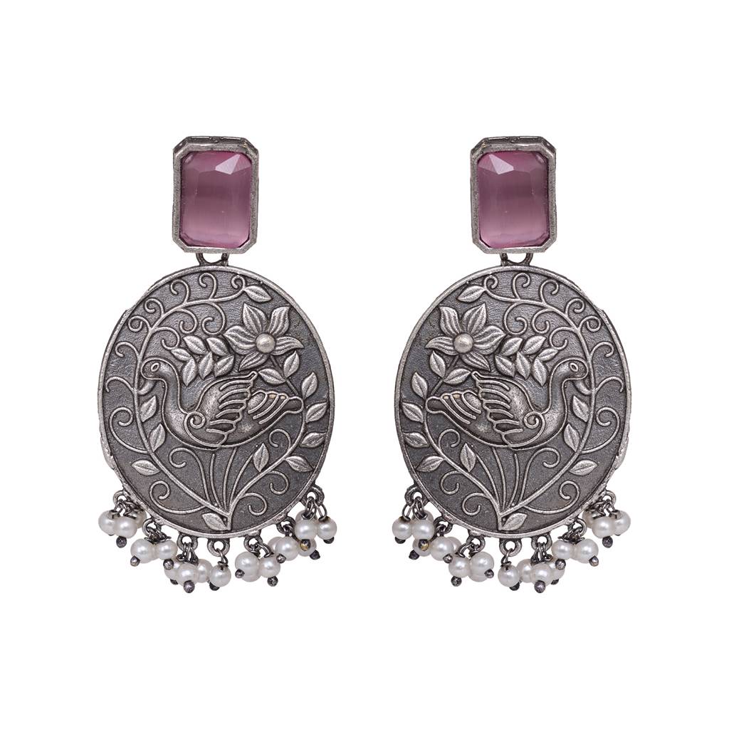 Silver Oxidised Pink Stone Studded Contemporary Earrings : SJER1486