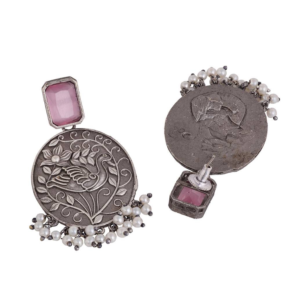 Silver Oxidised Pink Stone Studded Contemporary Earrings : SJER1486