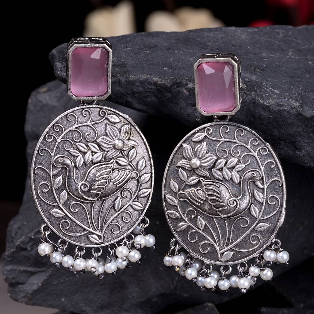 Silver Oxidised Pink Stone Studded Contemporary Earrings : SJER1486