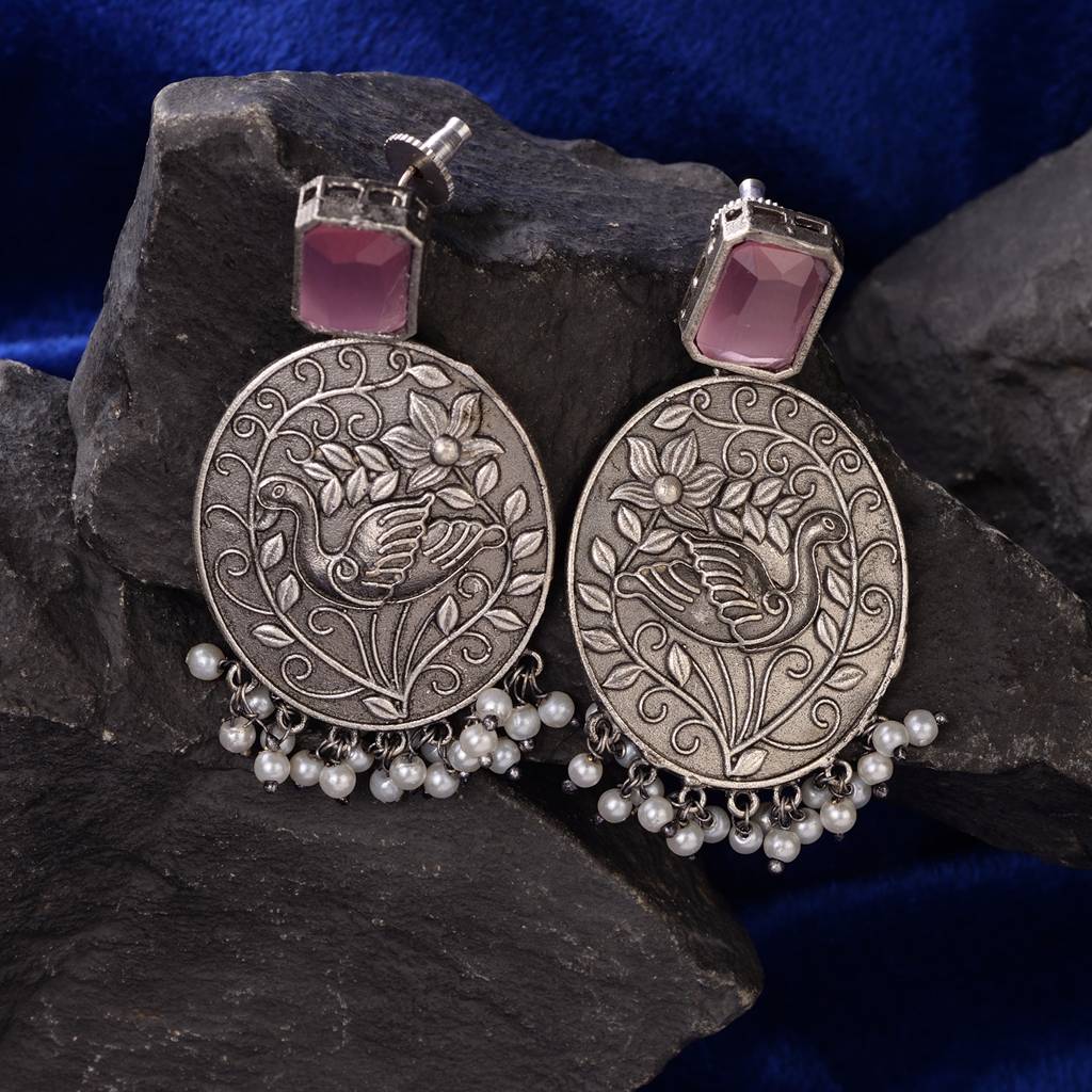 Silver Oxidised Pink Stone Studded Contemporary Earrings : SJER1486