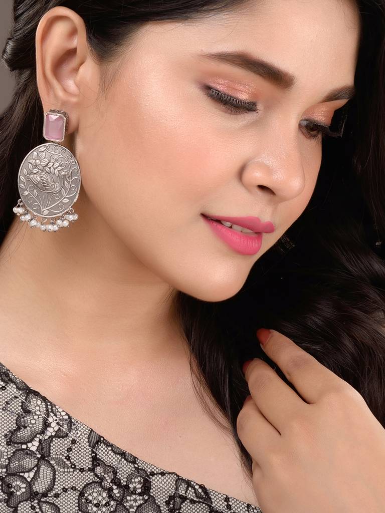 Silver Oxidised Pink Stone Studded Contemporary Earrings : SJER1486