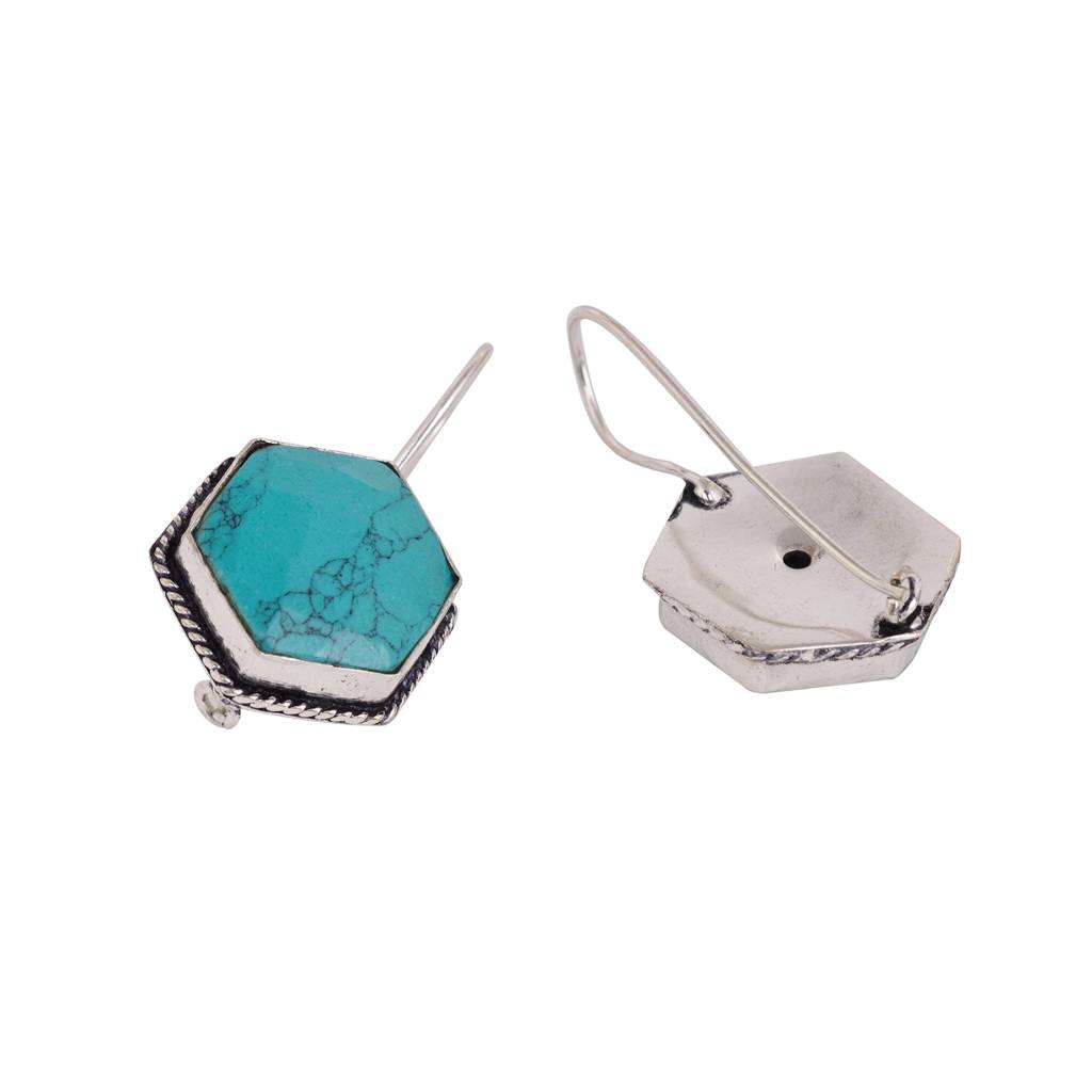 Silver Oxidised Aqua Turquoise Stone Studded Earrings : SJER1488