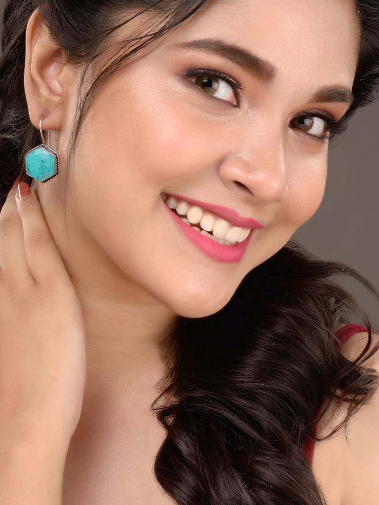Silver Oxidised Aqua Turquoise Stone Studded Earrings : SJER1488