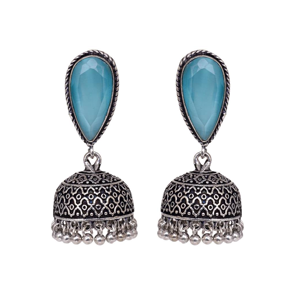 Oxidised Silver Turquoise Stone Studded Filigree Jhumka Earrings : SJER1491