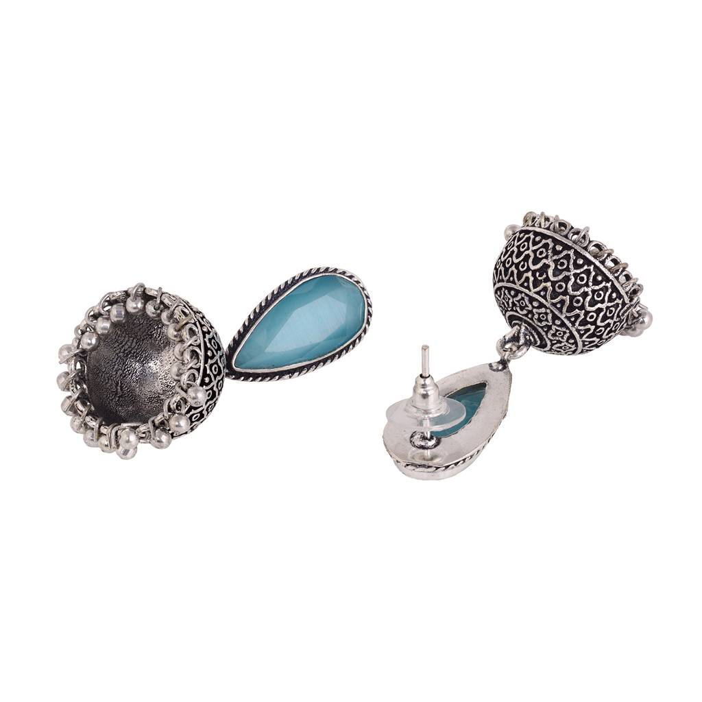 Oxidised Silver Turquoise Stone Studded Filigree Jhumka Earrings : SJER1491
