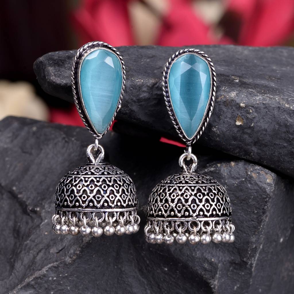 Oxidised Silver Turquoise Stone Studded Filigree Jhumka Earrings : SJER1491
