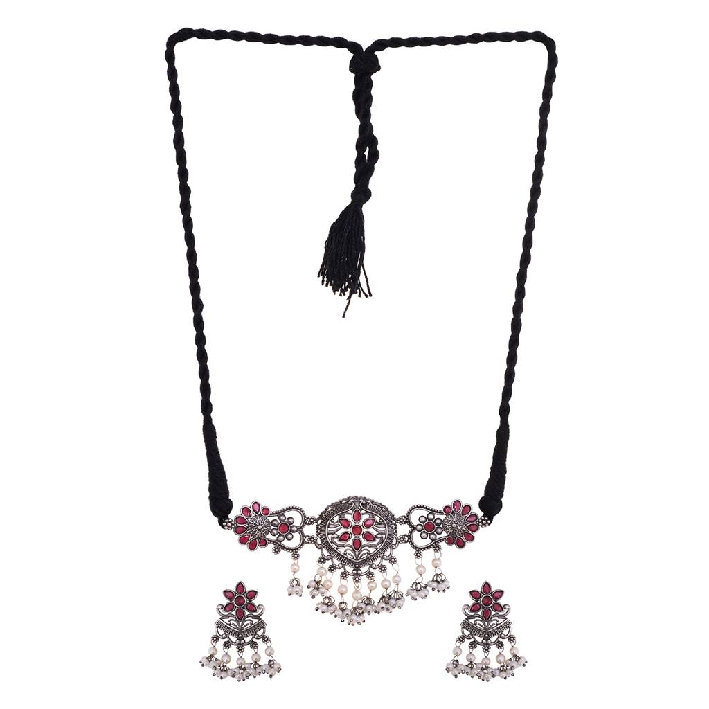 Silver Oxidised Red Stone Studded Tribal  Choker Jewellery Set : SJNK1494