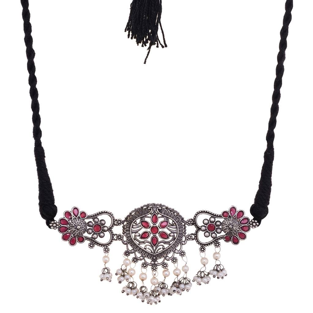 Silver Oxidised Red Stone Studded Tribal  Choker Jewellery Set : SJNK1494