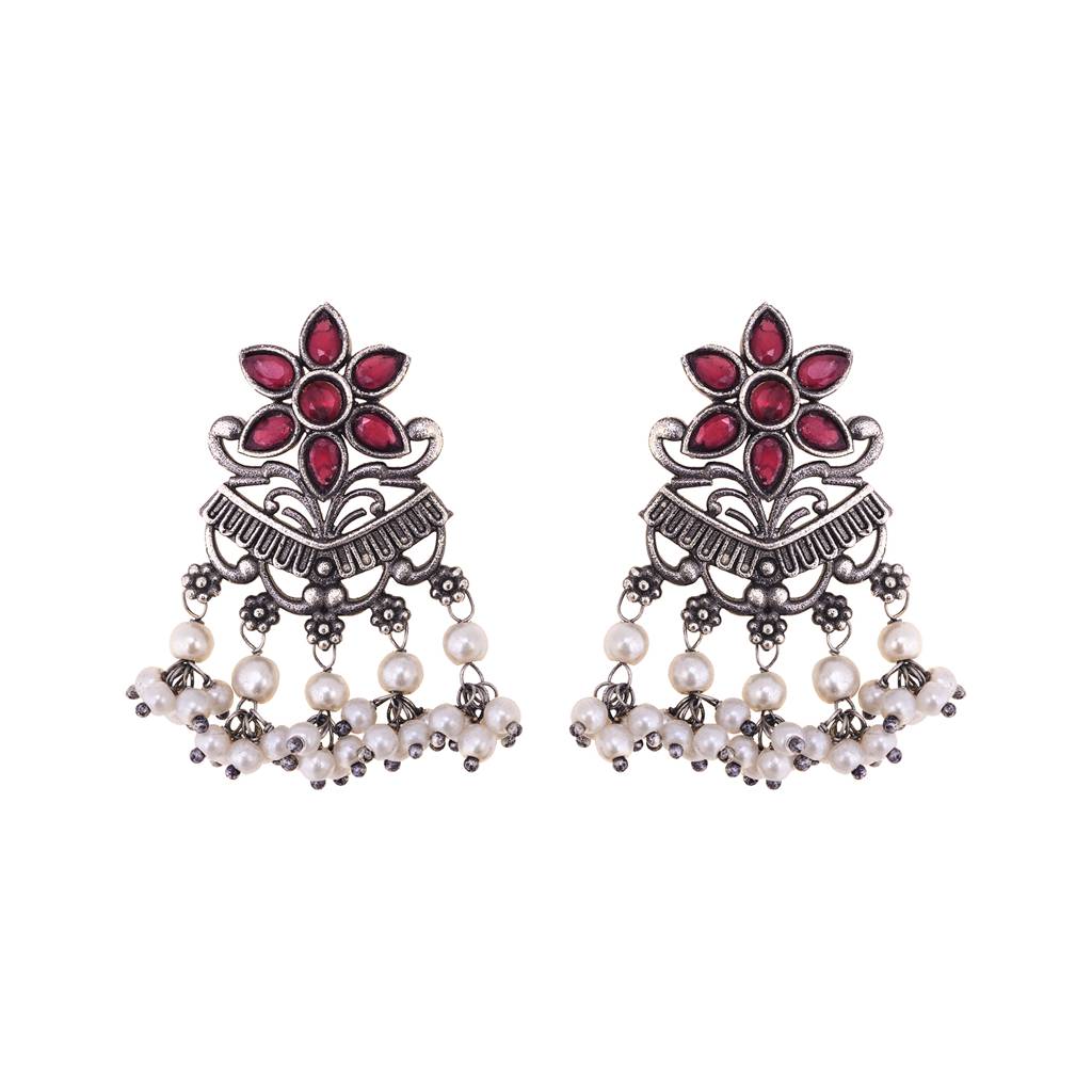 Silver Oxidised Red Stone Studded Tribal  Choker Jewellery Set : SJNK1494
