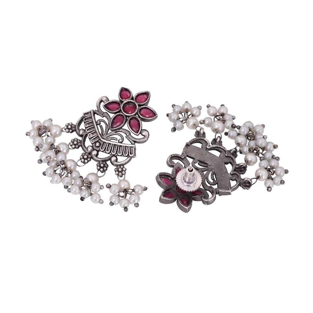 Silver Oxidised Red Stone Studded Tribal  Choker Jewellery Set : SJNK1494