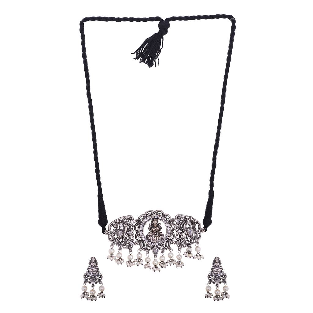 Oxidised Silver Toned Lakshmi Motif Antique Temple  Jewellery Set : SJNK1495
